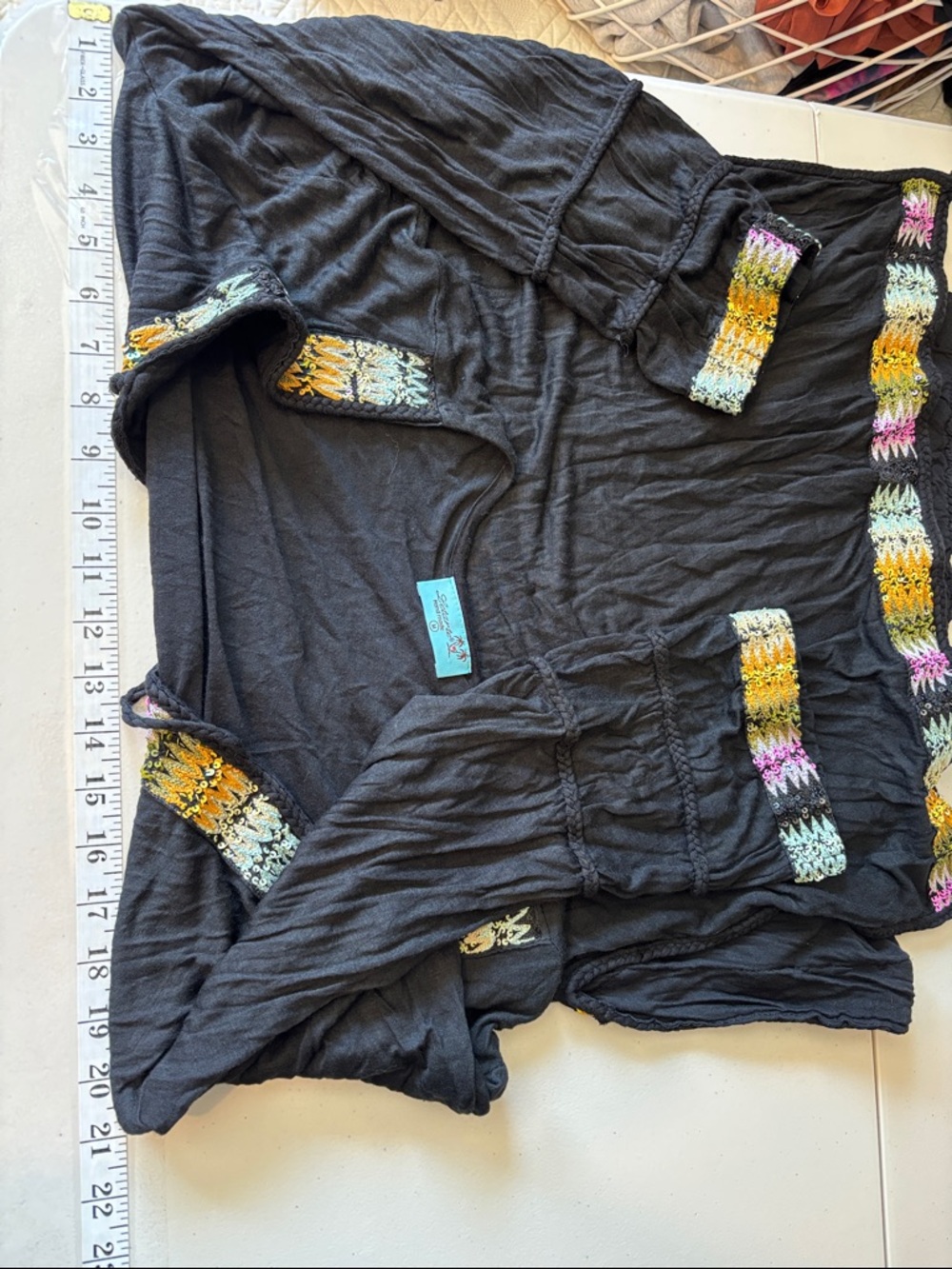 Letarte Black Tunic Size Medium Boho Resort Island Travel Swim Embroider Coverup - Picture 8 of 10